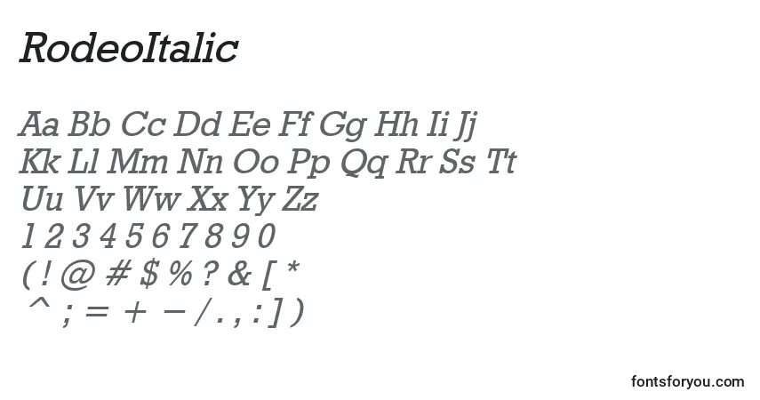 Schriftart RodeoItalic – Alphabet, Zahlen, spezielle Symbole