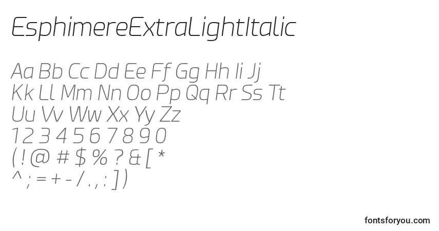 Czcionka EsphimereExtraLightItalic – alfabet, cyfry, specjalne znaki