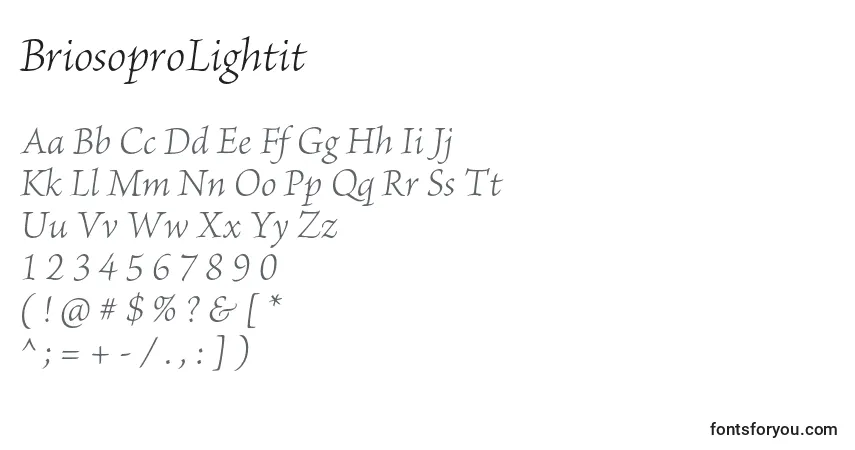 A fonte BriosoproLightit – alfabeto, números, caracteres especiais