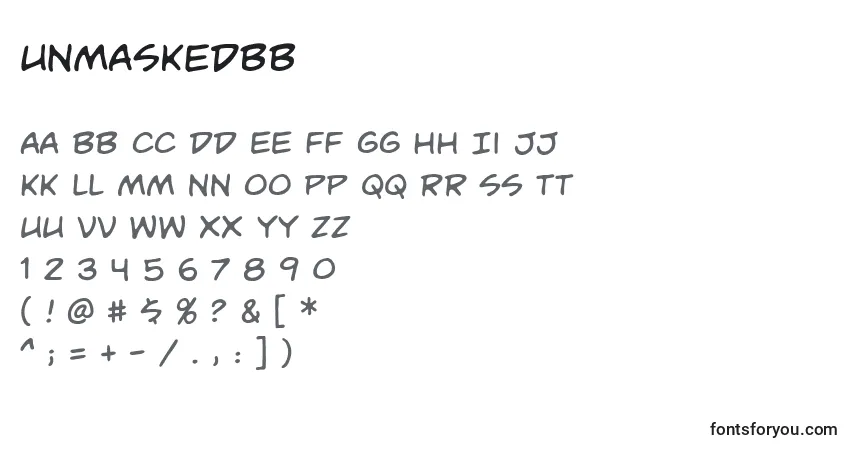 Czcionka Unmaskedbb – alfabet, cyfry, specjalne znaki