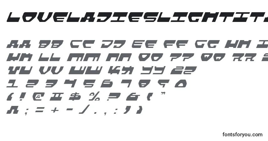 A fonte LoveladiesLightItalic – alfabeto, números, caracteres especiais