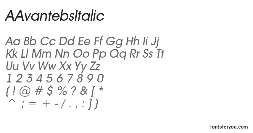 Czcionka AAvantebsItalic – alfabet, cyfry, specjalne znaki