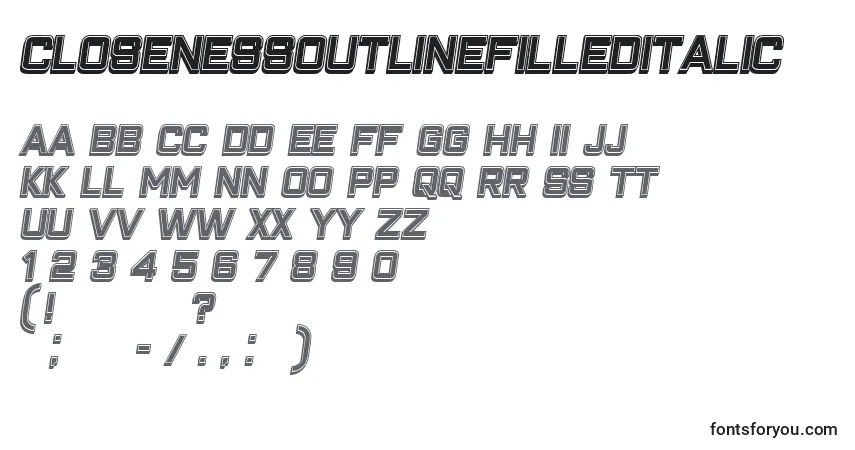 Шрифт ClosenessOutlineFilledItalic – алфавит, цифры, специальные символы