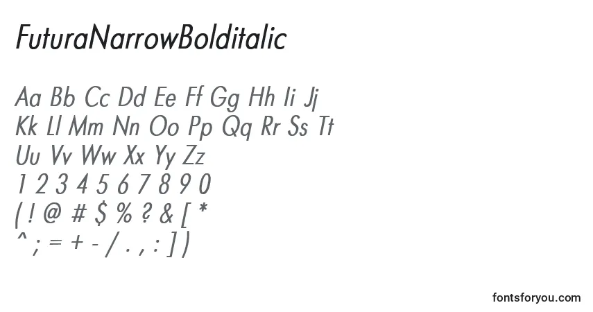 A fonte FuturaNarrowBolditalic – alfabeto, números, caracteres especiais
