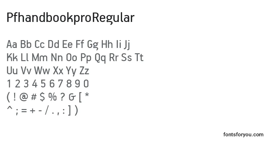 A fonte PfhandbookproRegular – alfabeto, números, caracteres especiais