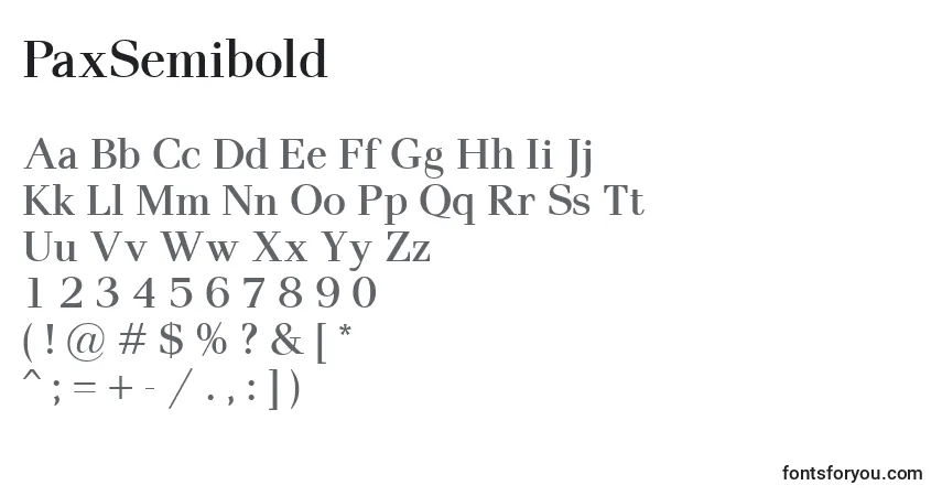 A fonte PaxSemibold – alfabeto, números, caracteres especiais