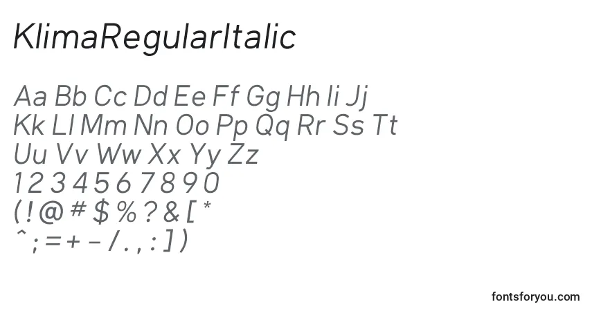 Czcionka KlimaRegularItalic – alfabet, cyfry, specjalne znaki