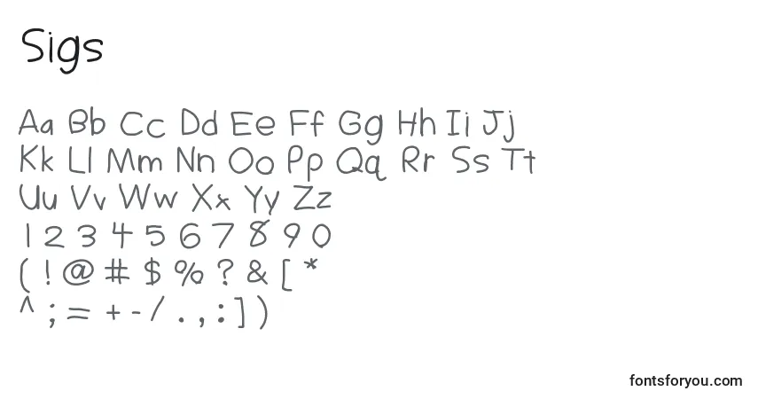 Czcionka Sigs – alfabet, cyfry, specjalne znaki