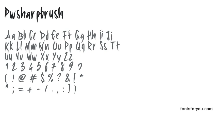 A fonte Pwsharpbrush – alfabeto, números, caracteres especiais