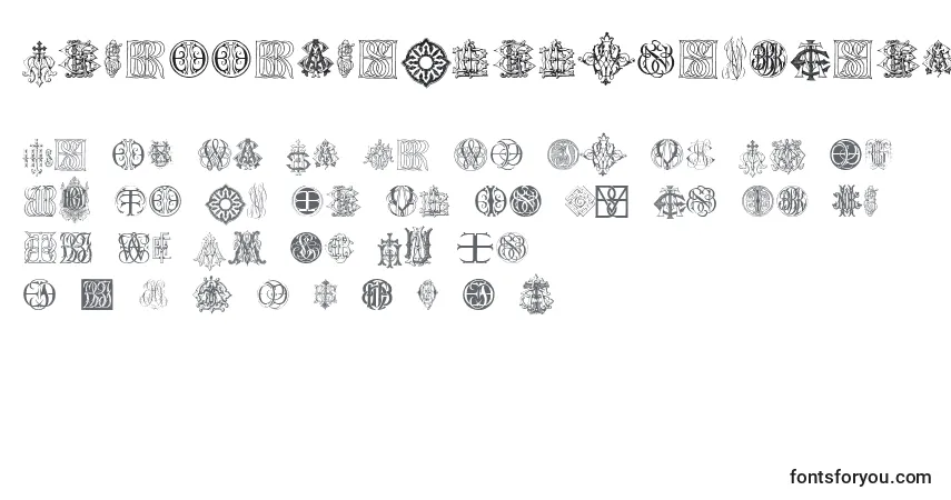 A fonte IntellectaMonogramsRandomSamplesTen – alfabeto, números, caracteres especiais
