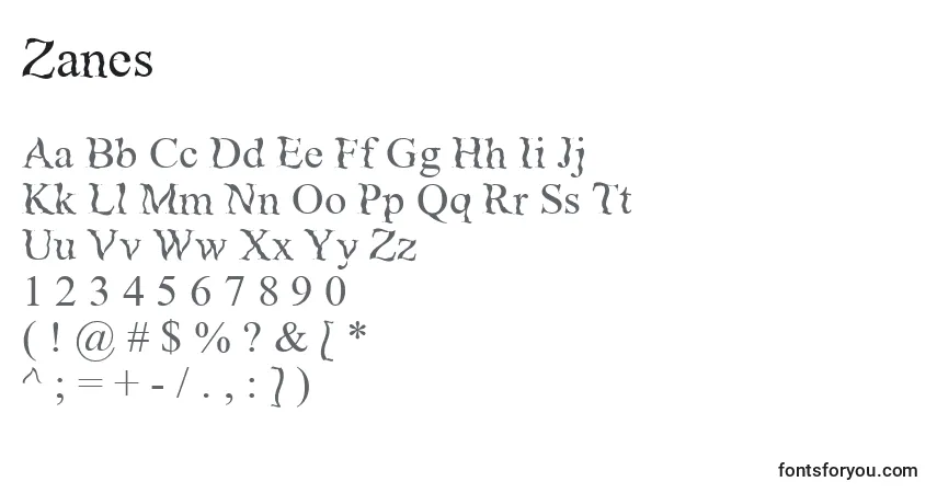 Fuente Zanes - alfabeto, números, caracteres especiales