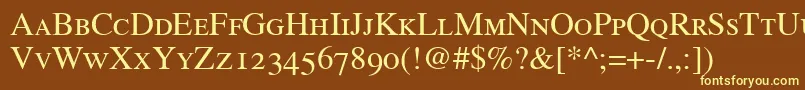 GrecoOldstyleSsiRomanSmallCaps-Schriftart – Gelbe Schriften auf braunem Hintergrund