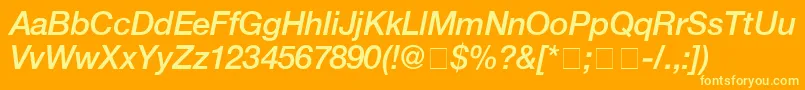 HelveticaMediumitalic-Schriftart – Gelbe Schriften auf orangefarbenem Hintergrund