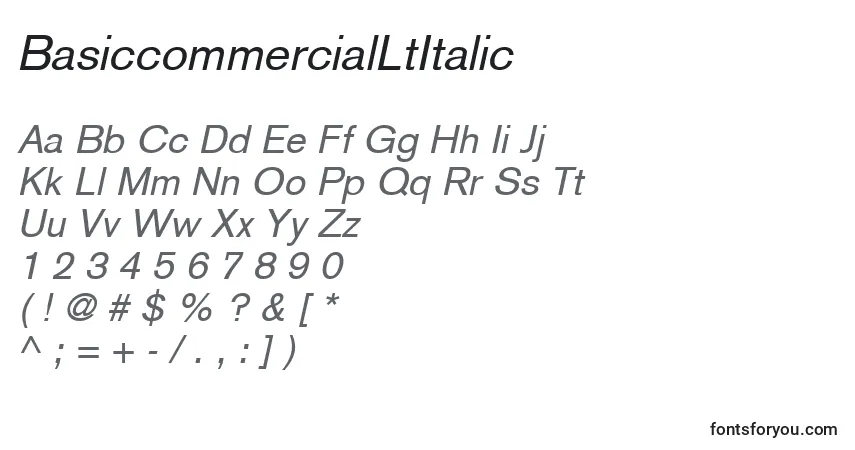 Czcionka BasiccommercialLtItalic – alfabet, cyfry, specjalne znaki