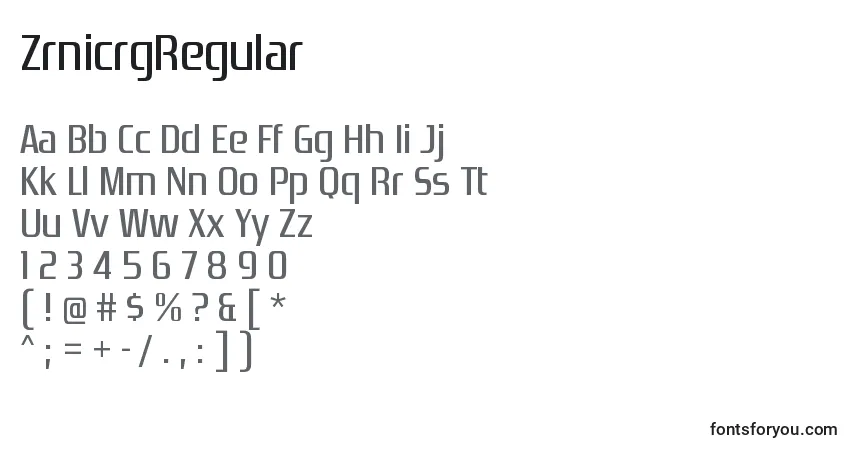 A fonte ZrnicrgRegular – alfabeto, números, caracteres especiais