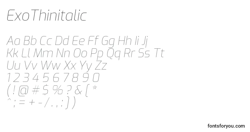 Шрифт ExoThinitalic – алфавит, цифры, специальные символы