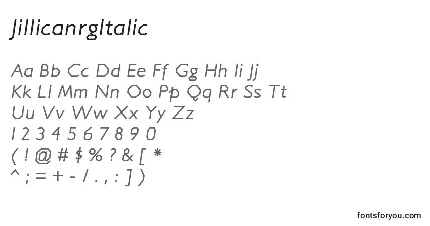 Czcionka JillicanrgItalic – alfabet, cyfry, specjalne znaki
