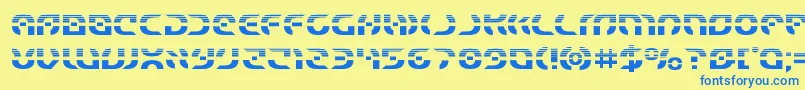 フォントStarfighterhalf – 青い文字が黄色の背景にあります。