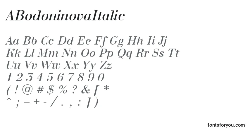 Schriftart ABodoninovaItalic – Alphabet, Zahlen, spezielle Symbole