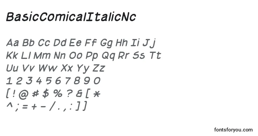 Шрифт BasicComicalItalicNc – алфавит, цифры, специальные символы
