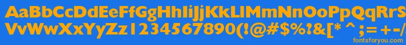 フォントHumanist521ExtraBoldBt – オレンジ色の文字が青い背景にあります。