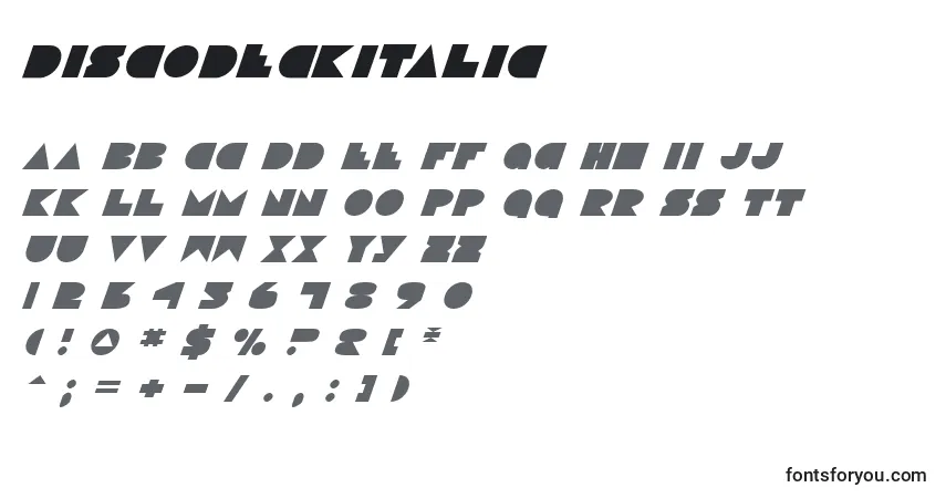 Шрифт DiscoDeckItalic – алфавит, цифры, специальные символы