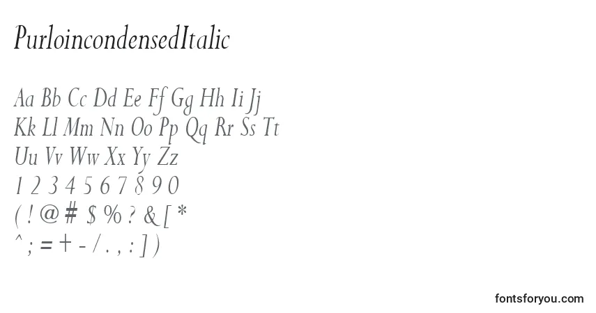 Czcionka PurloincondensedItalic – alfabet, cyfry, specjalne znaki