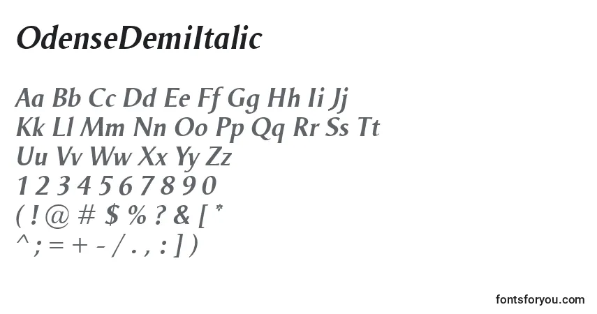 A fonte OdenseDemiItalic – alfabeto, números, caracteres especiais