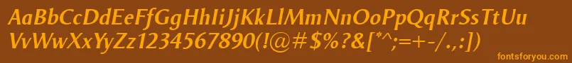 フォントOdenseDemiItalic – オレンジ色の文字が茶色の背景にあります。