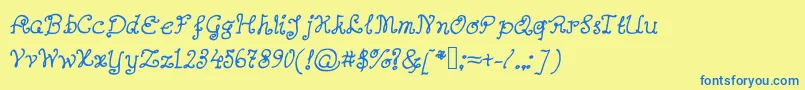 フォントAbutterflyonadaffodil – 青い文字が黄色の背景にあります。