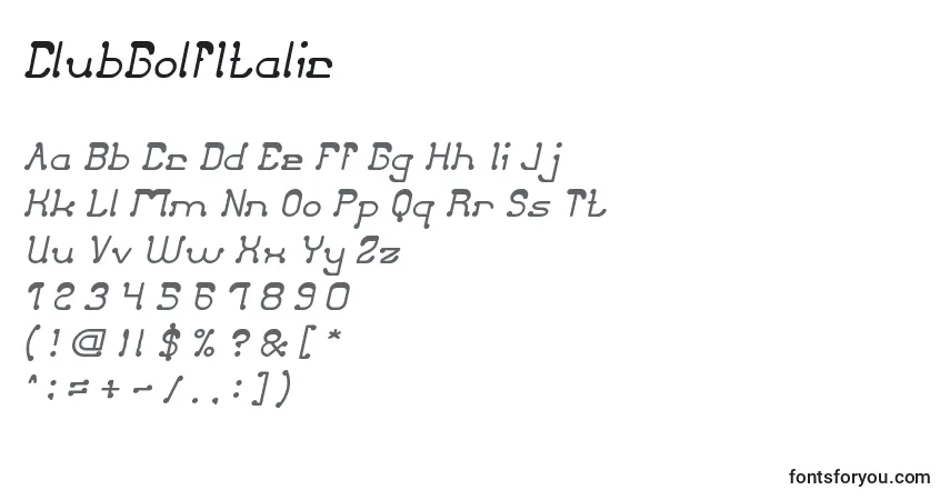Czcionka ClubGolfItalic – alfabet, cyfry, specjalne znaki