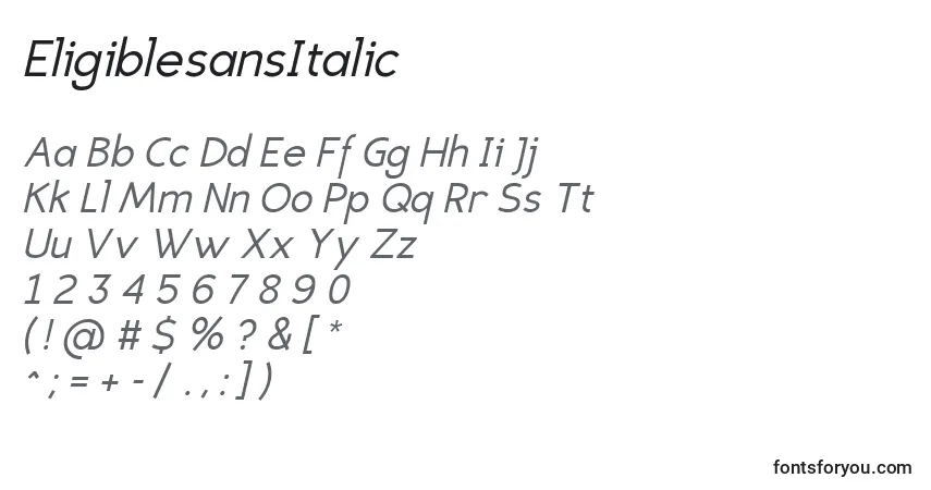 Schriftart EligiblesansItalic – Alphabet, Zahlen, spezielle Symbole