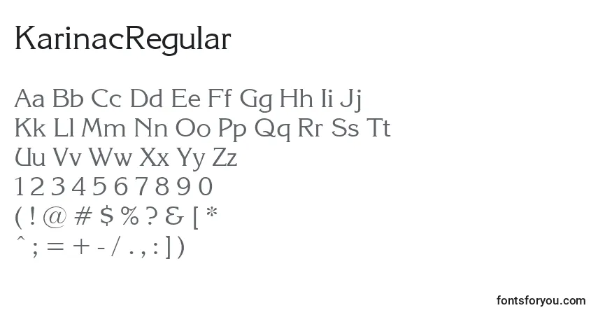 Czcionka KarinacRegular – alfabet, cyfry, specjalne znaki