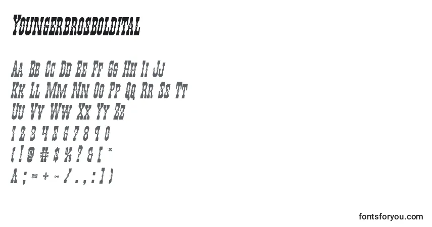 Schriftart Youngerbrosboldital – Alphabet, Zahlen, spezielle Symbole