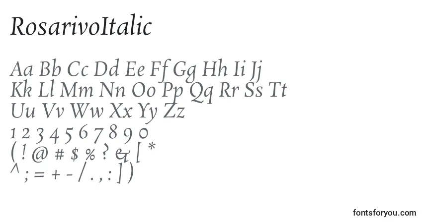 Czcionka RosarivoItalic – alfabet, cyfry, specjalne znaki
