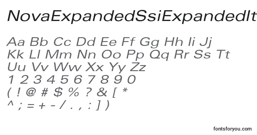 Czcionka NovaExpandedSsiExpandedItalic – alfabet, cyfry, specjalne znaki