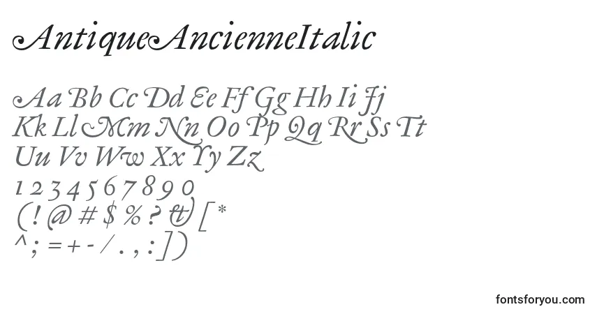 Шрифт AntiqueAncienneItalic – алфавит, цифры, специальные символы