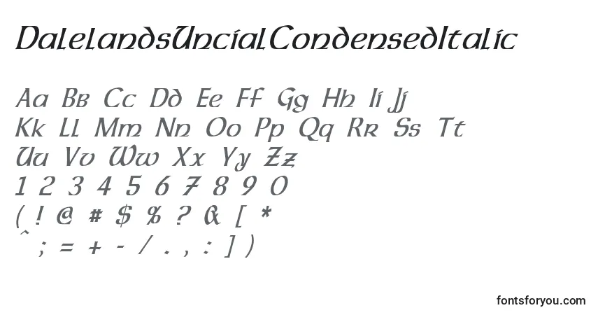 Czcionka DalelandsUncialCondensedItalic – alfabet, cyfry, specjalne znaki