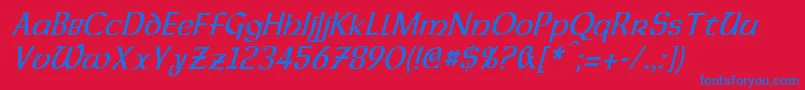 DalelandsUncialCondensedItalic-Schriftart – Blaue Schriften auf rotem Hintergrund