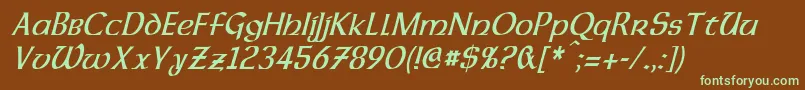 フォントDalelandsUncialCondensedItalic – 緑色の文字が茶色の背景にあります。