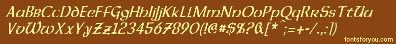 DalelandsUncialCondensedItalic-fontti – keltaiset fontit ruskealla taustalla