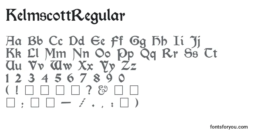 Czcionka KelmscottRegular – alfabet, cyfry, specjalne znaki