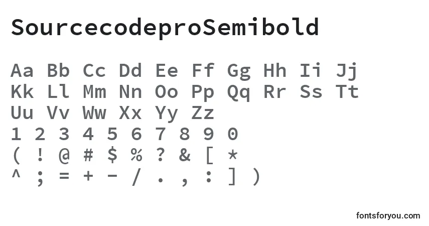 A fonte SourcecodeproSemibold – alfabeto, números, caracteres especiais