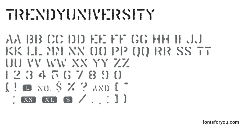 A fonte TrendyUniversity – alfabeto, números, caracteres especiais