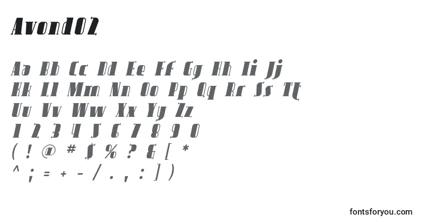 Czcionka Avond02 – alfabet, cyfry, specjalne znaki