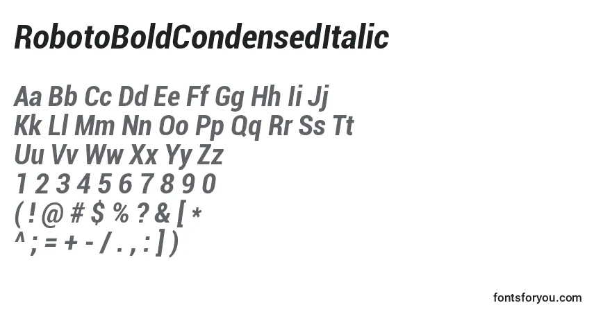 A fonte RobotoBoldCondensedItalic – alfabeto, números, caracteres especiais