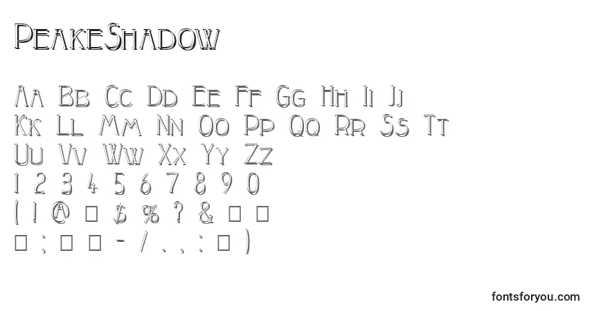 A fonte PeakeShadow – alfabeto, números, caracteres especiais