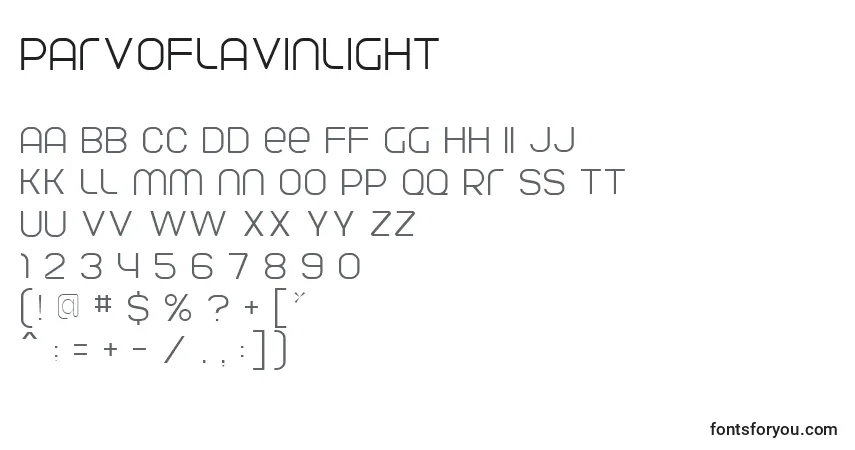 Czcionka ParvoflavinLight – alfabet, cyfry, specjalne znaki