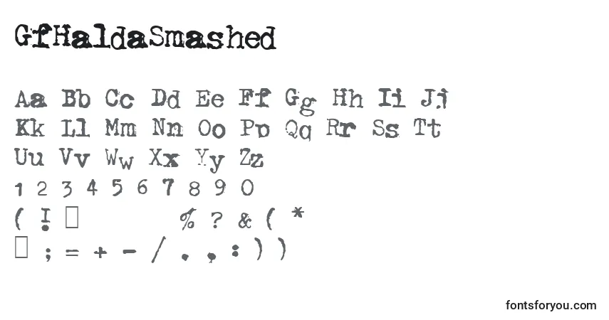 Schriftart GfHaldaSmashed – Alphabet, Zahlen, spezielle Symbole