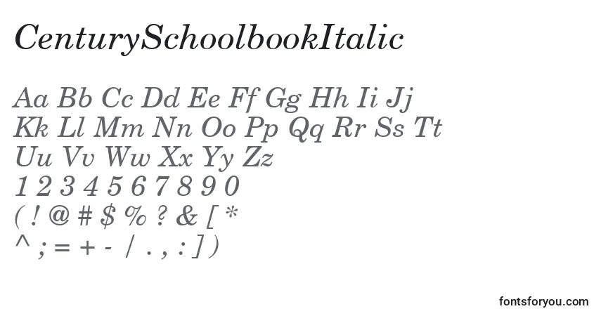 Czcionka CenturySchoolbookItalic – alfabet, cyfry, specjalne znaki